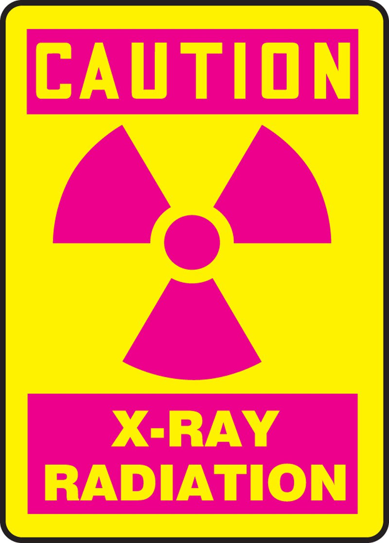 Accuform MRAD703VP Plastic Safety Sign, "Caution X-RAY Radiation" with Graphic, 10" Length x 7" Width x 0.055" Thickness, Magenta on Yellow