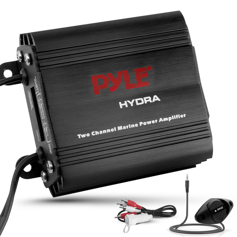 Pyle 2-Channel Marine Amplifier Receiver - Waterproof and Weatherproof Audio Subwoofer for Boat Stereo Speaker & Other Watercraft - 400 Watt Power, Wired RCA, AUX and MP3 Audio Input Cable Black