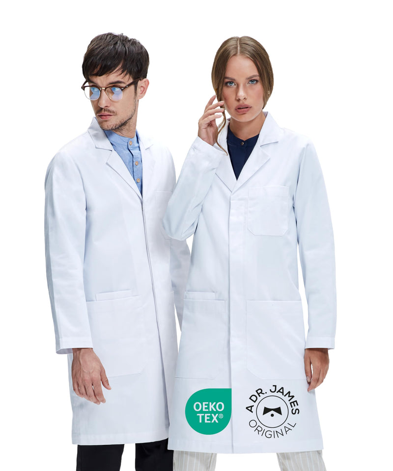 Dr. James Unisex Lab Coat – White Medical Coat, Classic Fit, 3 Pockets + Phone Slot, Safety Snaps, OEKO-TEX® Certified S (Men S / Women M)