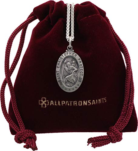 All Patron Saints Antiqued St Christopher Medal Necklace – Solid Sterling Silver Oval Medallion and Chain – Personalized Engraving – Gift Box Size 21 x 14 MM (Dainty)
