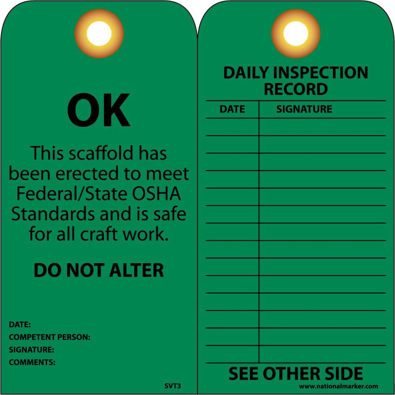 NMC Pack of 25 Scaffold Inspection Tags, 3" x 6", 2 Sided Inspection Tag with Grommet, SVT3