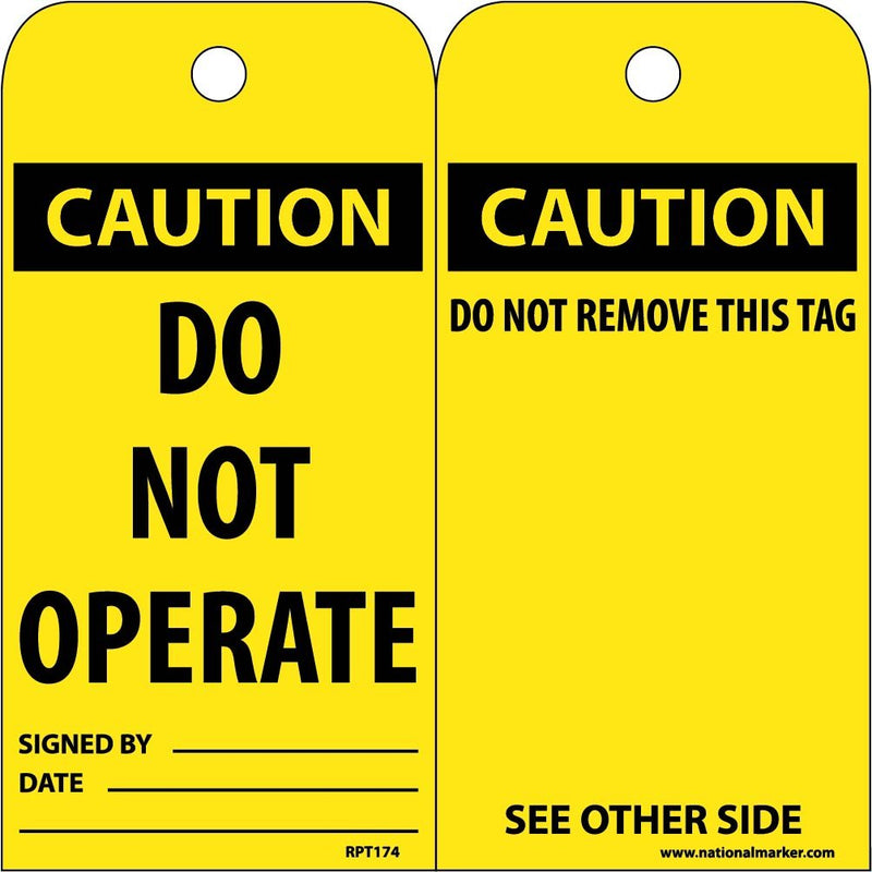 NMC RPT174 Accident Prevention Tag, "CAUTION DO NOT OPERATE", 3" Width x 6" Height, Unrippable Vinyl, Black on Yellow (Pack of 25)