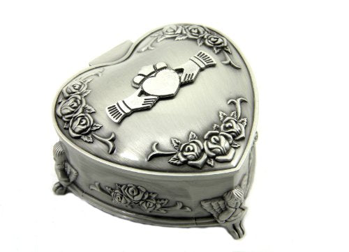Heart-shaped Celtic jewelry box made of pewter by Mullingar Pewter, featuring Claddagh design, made in Ireland.