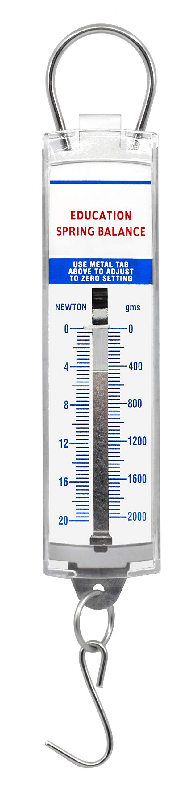 EISCO Premium Spring Balance, 0-2000g / 0-20N - High Resolution, Dual Transparent Scale, Newtons & Grams - Zero Calibration Capability - Acrylic Body PH0024 PH0024E