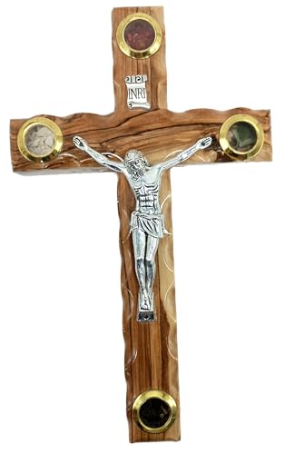 Zuluf 7.8" Catholic Wall Crucifix Olive Wood Cross with Metal Jesus Corpus – Handmade Christian Wall Hanging with Holy Land Elements & Certificate – Bethlehem Religious Gift CRS043 7.9"L x 4.7"W