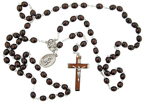Catholic Mens Gift Dark Brown Wood Bead Silver Tone Saint Francis of Assisi Medal Rosary Necklace