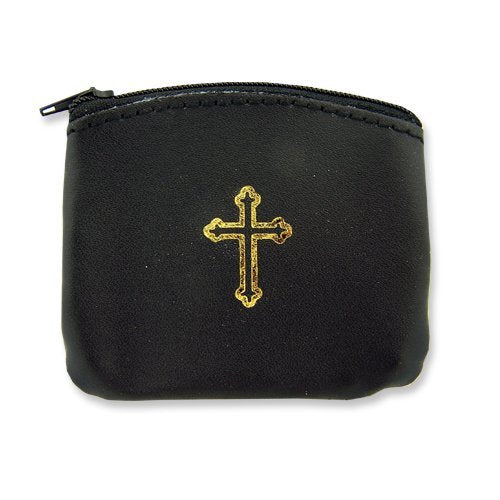 Religious Art Catholic Gift Black Genuine Leather Zip Closure Gold Stamped Budded Cross Design Rosary Holder Case