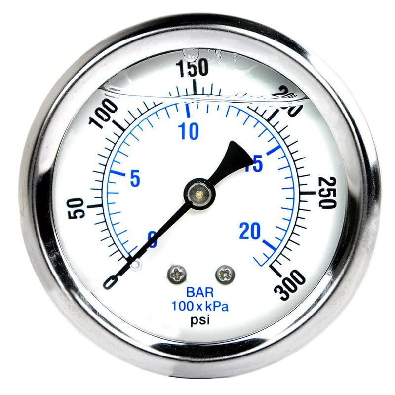 New Stainless Steel Liquid Filled Pressure Gauge WOG Water Oil Gas 0 to 300 PSI Center Back Mount 0-300 1/4" NPT Male 2.5" FACE DIAL for Compressor Hydraulic AIR Tank 0 - 300 PSI