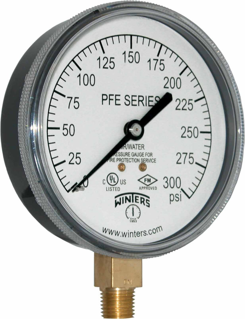 [Australia - AusPower] - Winters PFE Series Single Scale Sprinkler Pressure Gauge, 3-1/2" Dial, 0-300 psi Range, +/-3-2-3% Accuracy, 1/4" Male NPT Bottom Connection, For Air/Water Media 