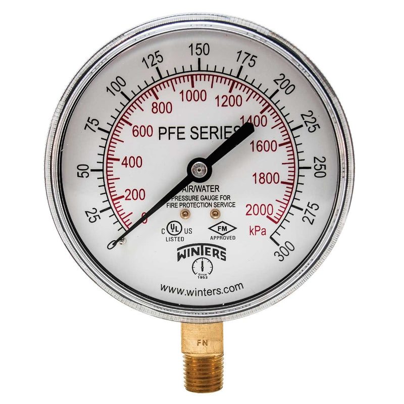 [Australia - AusPower] - Winters PFE Series Dual Scale Sprinkler Pressure Gauge, 3-1/2" Dial, 0-300 psi/kPa Range, +/-3-2-3% Accuracy, 1/4" Male NPT Bottom Connection, For Air/Water Media 