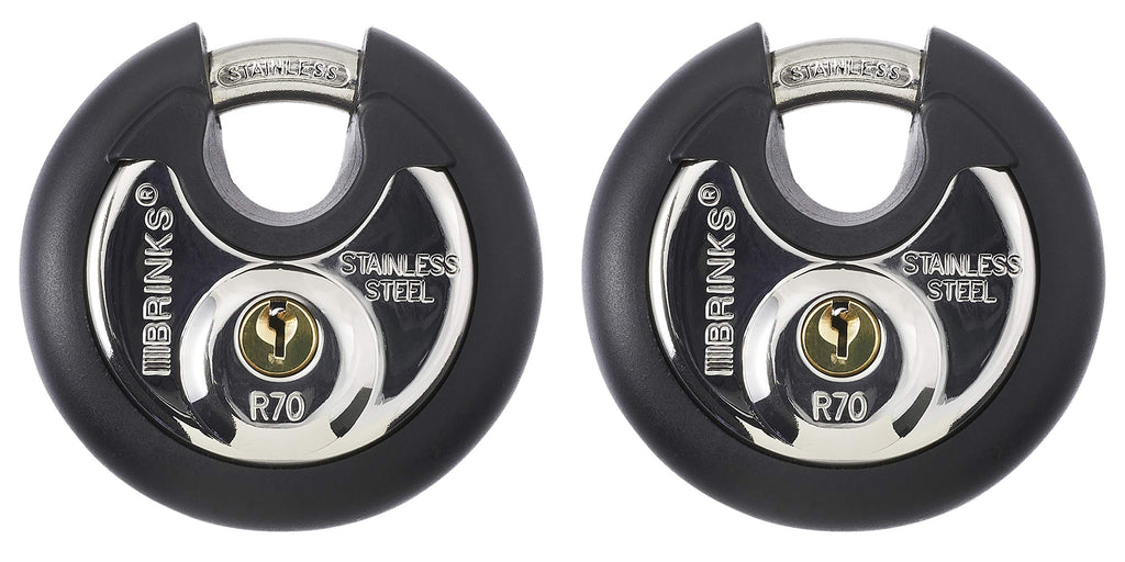 BRINKS Heavy Duty Padlock & Key 2 Pack- 70mm Stainless Steel Keyed Alike Commercial Discus Keyed Lock for Storage Shed, Garage, Locker, Sliding Doors, Cabinets & More Round with Steel Shackle, Black