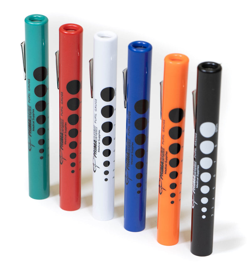 [Australia - AusPower] - Primacare DL-9224 Pack of 6 Disposable Diagnostic Penlight with Imprinted Pupil Gauge, Lightweight and Moulded Plastic Body Medical Pen Light for Nurse, Student, Doctors EMT, Multicolor 