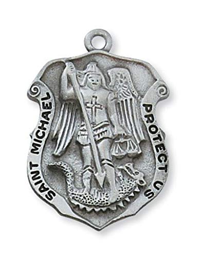 Saint Michael Badge Shape Pewter Medal Pendant Necklace with Holy Prayer Card