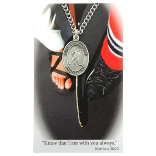 McVan Boys St. Christopher Ice Hockey Medal with Prayer Card Catholic Patron Saint Pendant for Athletes Silver Tone Necklace