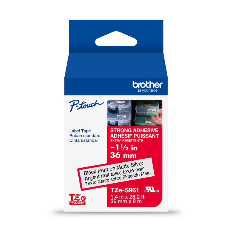Brother Genuine P-Touch TZe Black Print on Matte Silver Label Tape (TZeS961), Strong Adhesive Laminated,1-1/2in x 26.2ft (36mm x 8m), for Select P-Touch Label Makers, Water-Resistant, Extra Strength Extra Strength Laminated Label Tape New Packaging