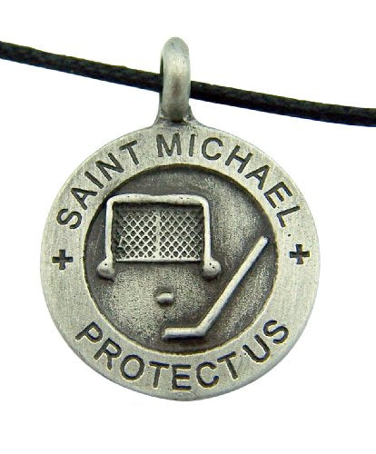 Religious Catholic Gift 7/8 Inch Round Pewter Archangel Saint St Michael Hockey Sports Protection Medal with Adjustable Cord Chain Necklace