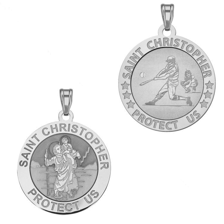 PicturesOnGold.com Baseball - Saint Christopher Doubledside Sports Religious Medal in Solid 14K Yellow or White Gold, or in Silver 3/4 x 3/4 Inch
