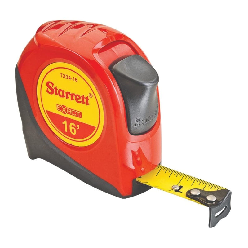 Starrett Exact Retractable Imperial Pocket Tape Measure with Nylon Coating, Self Adjusting End Hook, and Steel Belt Clip - 3/4" Width, 16' Length - KTX34-16-N