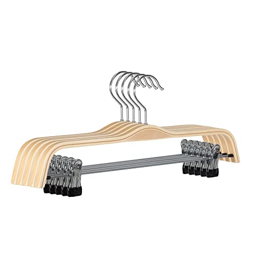 JS Hanger Wooden Pant Hangers, 5-Pack Light Weight Wood Skirt Hangers with Anti-Rust Hook and 2-Adjustable Clips 5 Pack