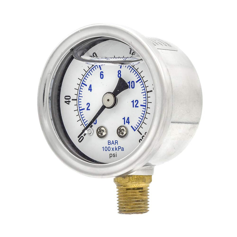 [Australia - AusPower] - PIC Gauges 201L-158G Bottom Mount Glycerine Filled Pressure Gauge w/ SS Case, Brass Internals, SS Bezel, PC Lens, 1.5" Dial, 0/200 psi Range, 1/8" Male NPT 0 - 200 PSI 