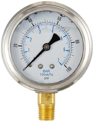 [Australia - AusPower] - PIC Gauges 201L-208F Bottom Mount Glycerine Filled Pressure Gauge w/ SS Case, Brass Internals, SS Bezel, PC Lens, 2" Dial, 0/160 psi Range, 1/8" Male NPT 0 - 160 PSI 