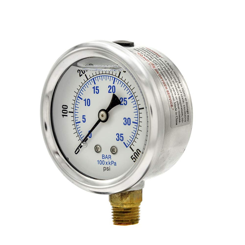 [Australia - AusPower] - PIC Gauges PRO-201L-254J 0-500 PSI Pressure Gauge, 2 1/2" Dial, 1/4" Male NPT Connection, Bottom Mount, Dual Scale, Glycerin Filled, Stainless Steel Case/Bezel, Brass Internals & Plastic Lens 2.5" 