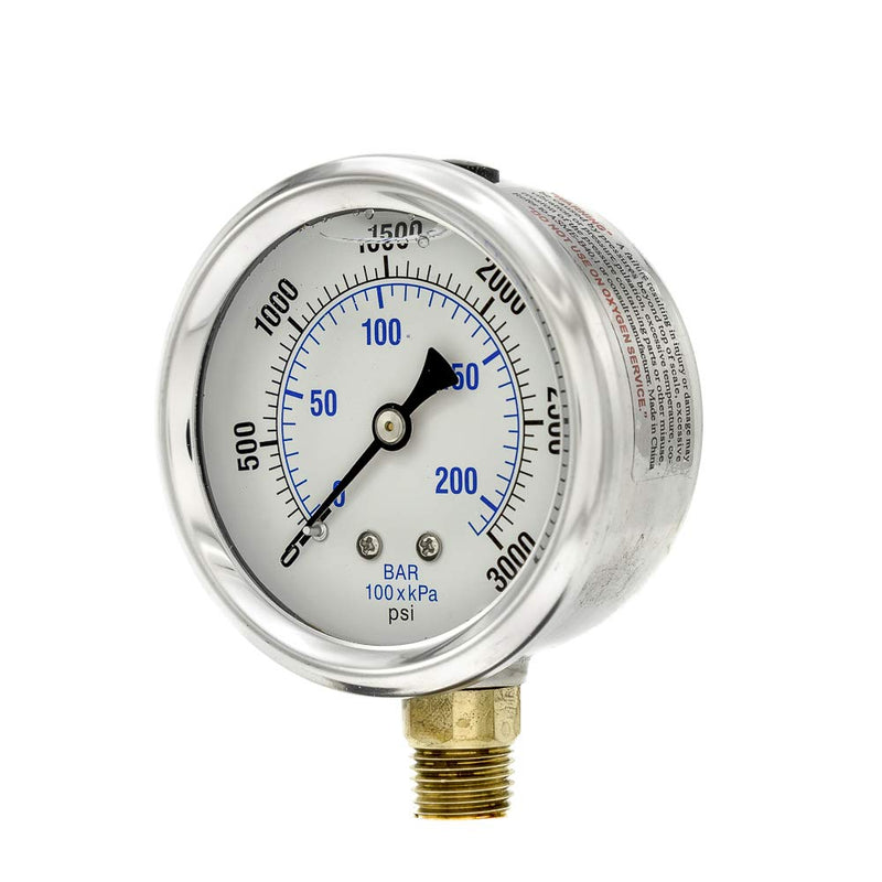 [Australia - AusPower] - PIC Gauges PRO-201L-254P 0-3000 PSI Pressure Gauge, 2 1/2" Dial, 1/4" Male NPT Connection, Bottom Mount, Dual Scale, Glycerin Filled, Stainless Steel Case/Bezel, Brass Internals & Plastic Lens, 0/10000 2.5" 