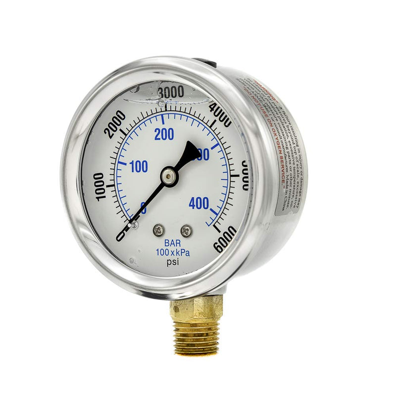 [Australia - AusPower] - PIC Gauges PRO-201L-254S 0-6000 PSI Pressure Gauge, 2 1/2" Dial, 1/4" Male NPT Connection, Bottom Mount, Dual Scale, Glycerin Filled, Stainless Steel Case/Bezel, Brass Internals & Plastic Lens, 0/15 2.5" 