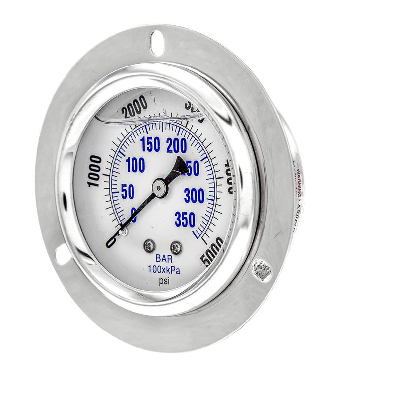 [Australia - AusPower] - PIC Gauges PRO-204L-254R Panel Mount Front Flanged Glycerin Filled Industrial Pressure Gauge w/ SS Case, Brass Internals, Plastic Lens, 2.5" Dial, 0/5000 psi Range, 1/4" Male NPT 0 - 5,000 PSI 