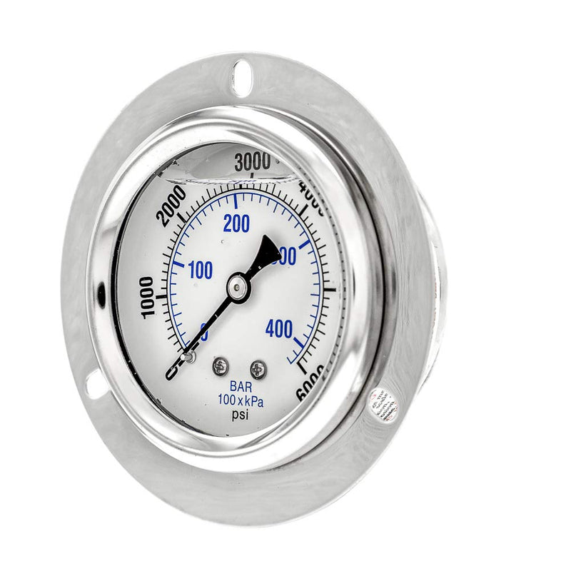 [Australia - AusPower] - PIC Gauges PRO-204L-254S Panel Mount Front Flanged Glycerin Filled Industrial Pressure Gauge w/ SS Case, Brass Internals, Plastic Lens, 2.5" Dial, 0/6000 psi Range, 1/4" Male NPT 0 - 6,000 PSI 