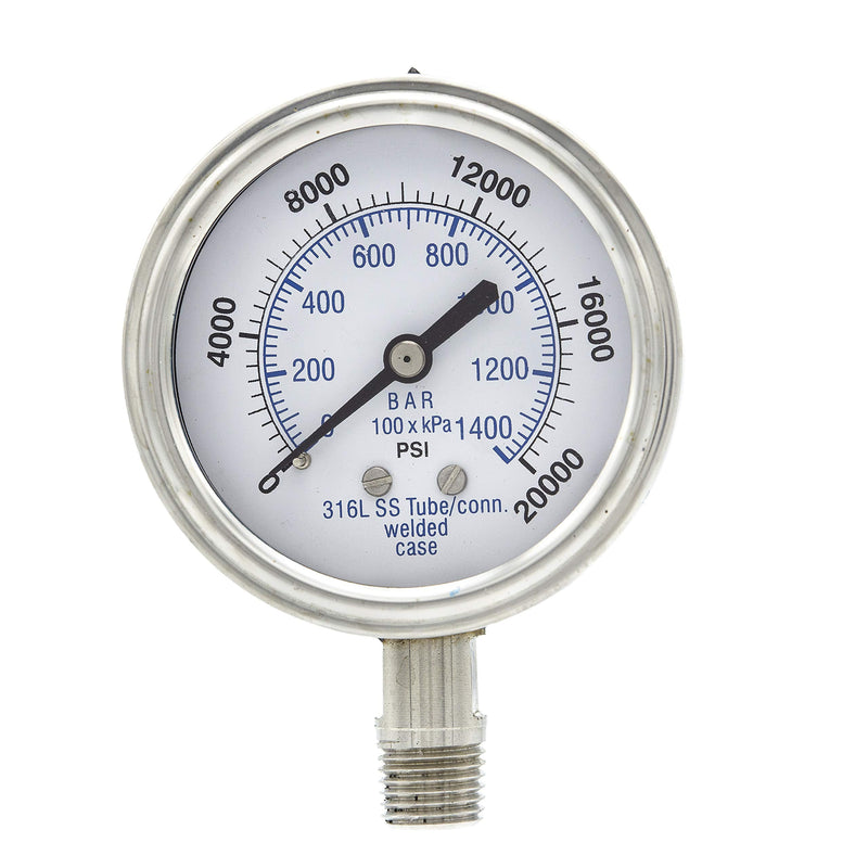 [Australia - AusPower] - PIC Gauges 301DFW-254W Bottom Mount Dry Pressure Gauge w/ SS Case/Internals/Bezel, PC Lens, 2.5" Dial, 0/20000 psi Range, 1/4" Male NPT 0 - 20,000 PSI 