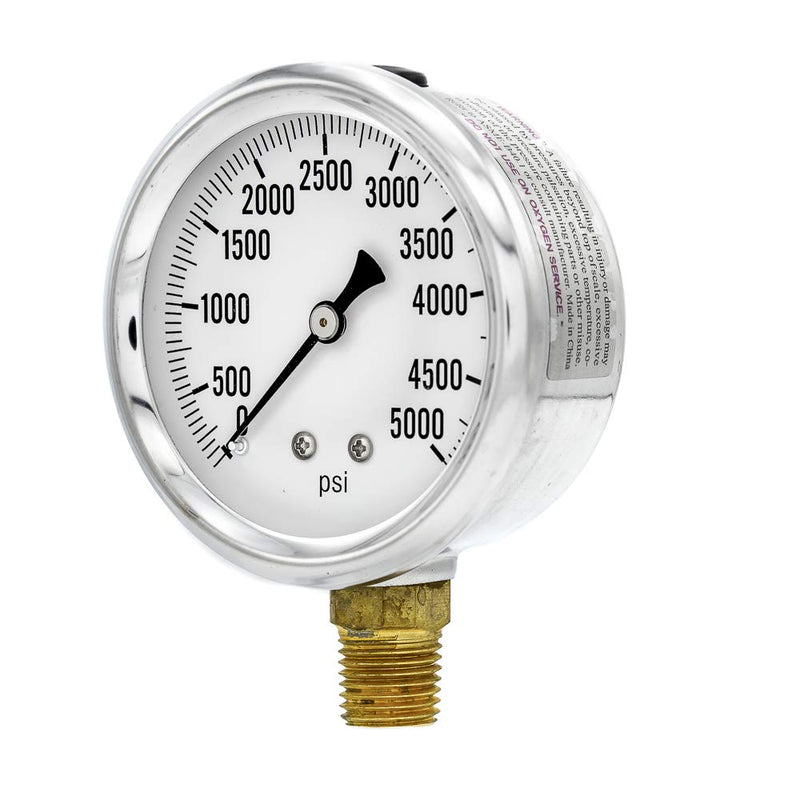 [Australia - AusPower] - PIC Gauge S201L-254R 0-5000 PSI Pressure Gauge, 2 1/2" Dial, 1/4" Male NPT Connection, Bottom Mount, Single Scale, Glycerin Filled, Stainless Steel Case/Bezel, Brass Internals & Plastic Lens 0 - 5,000 PSI 