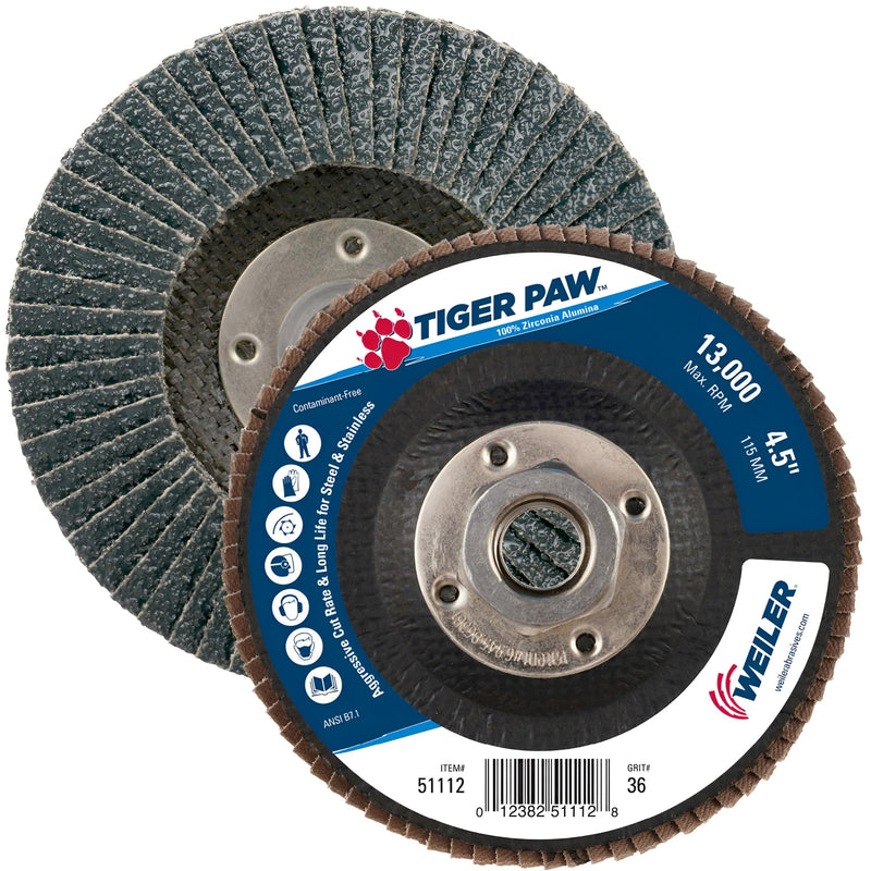 [Australia - AusPower] - Weiler 51112 4-1/2" Tiger Paw Abrasive Flap Disc, Flat (Ty27), Phenolic Backing, 36Z, 5/8"-11 Unc Nut (Pack of 10) 36 Grit Performance Steel / Metal 