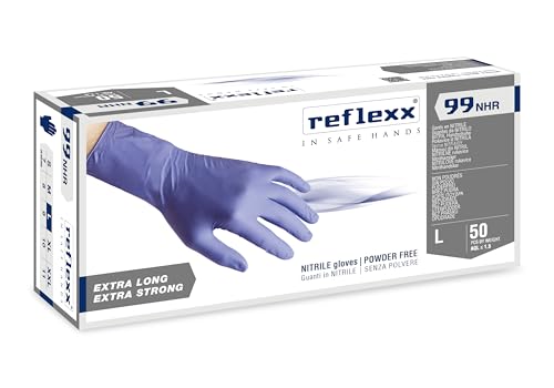 Reflexx R99/L Hi-Risk Gloves Nitrile Powder Free Gloves Size 8.9, Size L, 50 Pieces, Blue