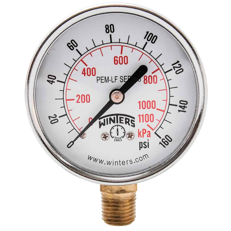 Winters 2-1/2 inch Dial Size, Economy Utility Pressure Gauge, Potable Brass Internals, Steel Case, Dual Scale 0-160 psi/kPa, 3-2-3% Accuracy, 1/4 inch NPT Bottom Mount, Drinking Water Pressure Gauge 215