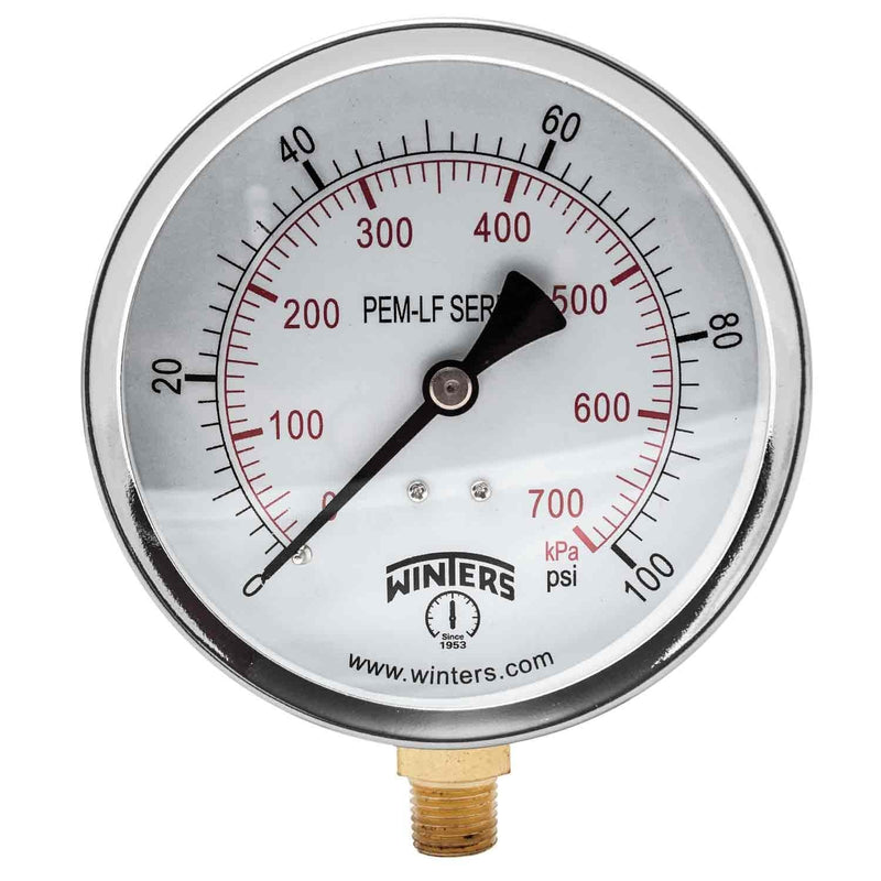 [Australia - AusPower] - Winters 4 inch Dial Size, Economy Utility Pressure Gauge, Potable Brass Internals, Steel Case, Dual Scale 0-100 psi/kPa, 3-2-3% Accuracy, 1/4 inch NPT Bottom, Glass Lens, Drinking Water Gauge 223 