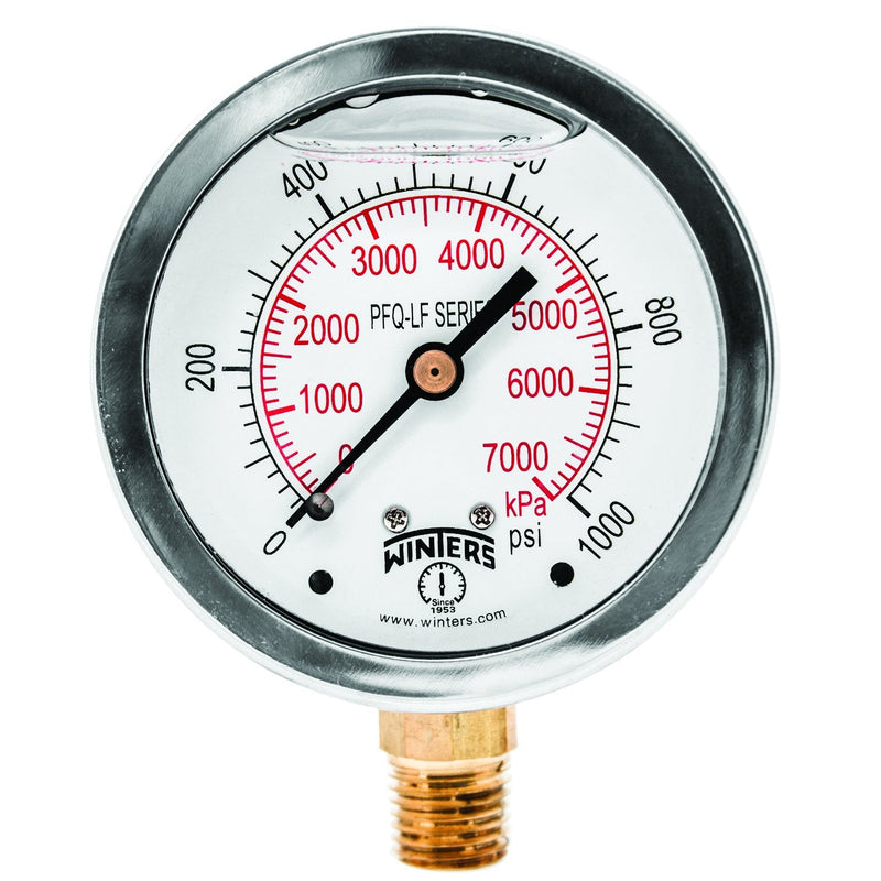 [Australia - AusPower] - Winters 2-1/2" Dial Size, Liquid Filled Pressure Gauge, Potable Brass Internals, 304 Stainless Steel Case, Dual Scale 0-1,000 psi/kPa, 1.5% Acc, 1/4" NPT Bottom Mount, Drinking Water Pressure Gauge 0/1,000 PSI/kPa 