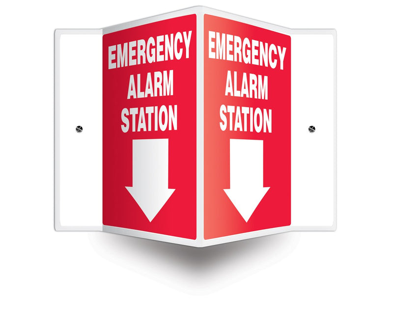 Accuform PSP326 Projection Sign 3D, "Emergency Alarm Station (Arrow)", 12" x 9" Panel, 0.10" Thick High-Impact Plastic, Pre-Drilled Mounting Holes, White on Red