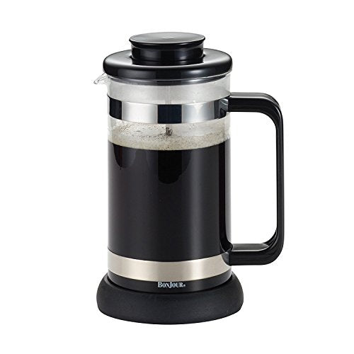 BonJour Coffee Borosilicate Glass French Press with Coaster & Scoop, 33.8-Ounce, Riviera, Black 33.8 oz