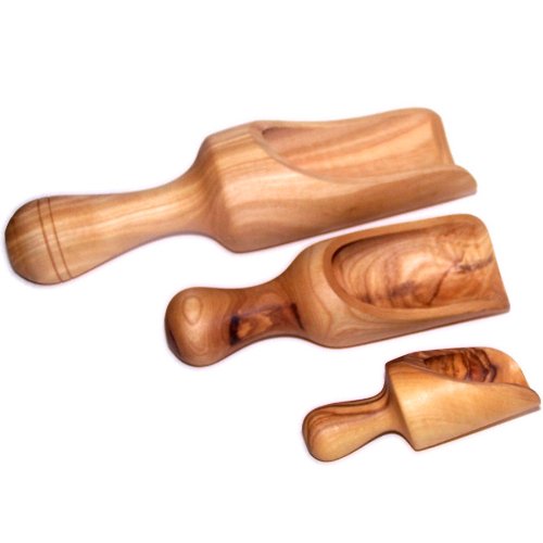 Holy Land Market Olive Wood Salt Scoop Set - 3 Sizes (3 to 7 in) - Handcrafted Cooking Spoons