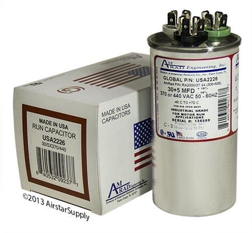 [Australia - AusPower] - 30 + 5 uf / Mfd Round Dual Universal Capacitor • AmRad USA2226 - used for 370 or 440 VAC , Made in the U.S.A. 