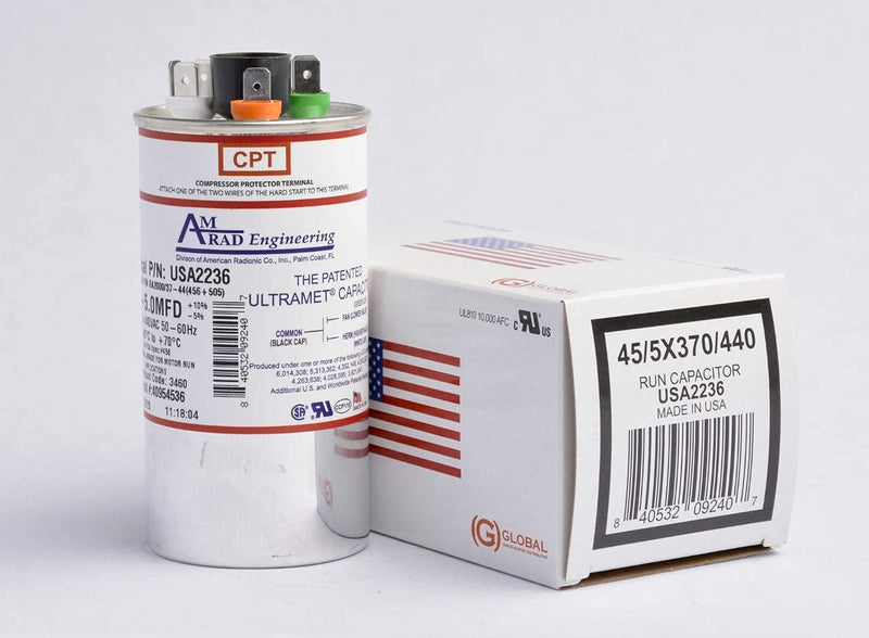[Australia - AusPower] - 45 + 5 uf/Mfd Round Dual Universal Capacitor • AmRad USA2236 - Used for 370 or 440 VAC, Made in The U.S.A. 