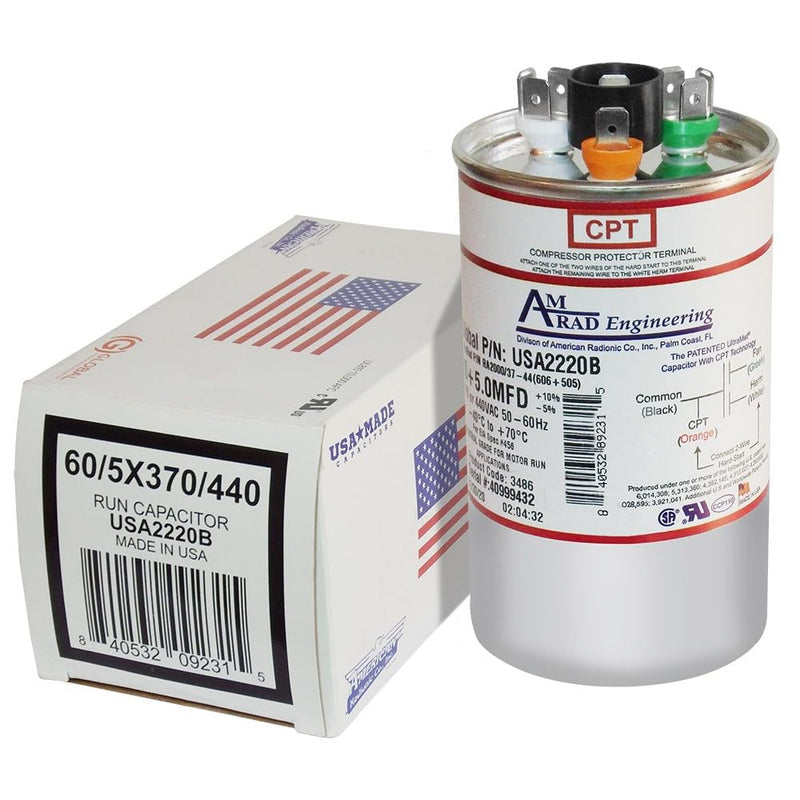 60 + 5 uf/Mfd Round Dual Universal Capacitor Replacement Amrad USA2220B Replacement - Used for 370 or 440 VAC, Made in the U.S.A.