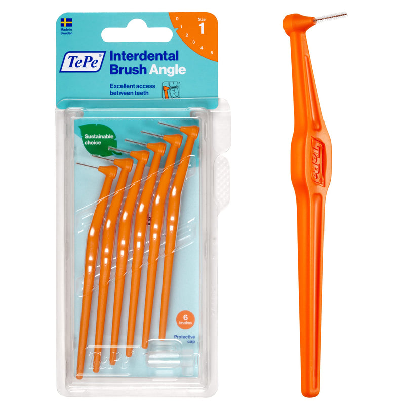 [Australia - AusPower] - TEPE Interdental Brush Angle, Angled Dental Brush for Teeth Cleaning, Pack of 6, 0.45 mm, Extra-Small/Small Gaps, Orange, Size 1 