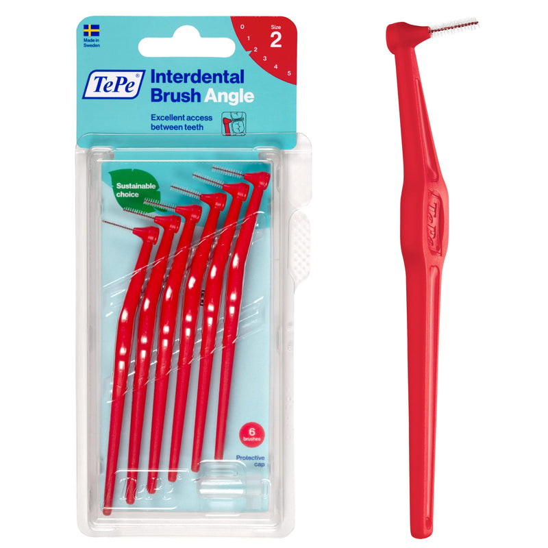 [Australia - AusPower] - TEPE Interdental Brush Angle, Angled Dental Brush for Teeth Cleaning, Pack of 6, 0.5 mm, Extra-Small/Small Gaps, Red, Size 2 
