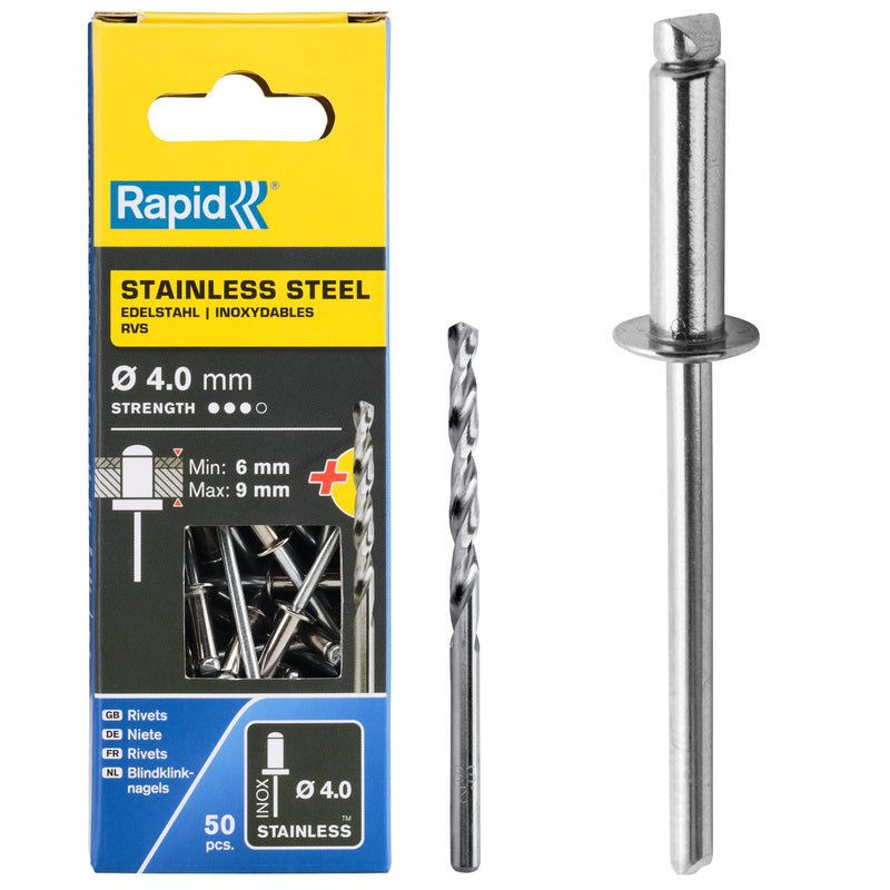 Rapid Rivets Stainless Steel Including Drill Bit, 4 x 12 mm, 5000394-50 Pieces ø4 mm