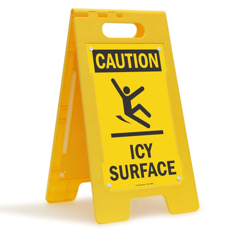 SmartSign 25 x 12 inch “Caution - Icy Surface” Two-Sided Folding Floor Sign with Symbol, Digitally Printed Polypropylene Plastic, Black and Yellow