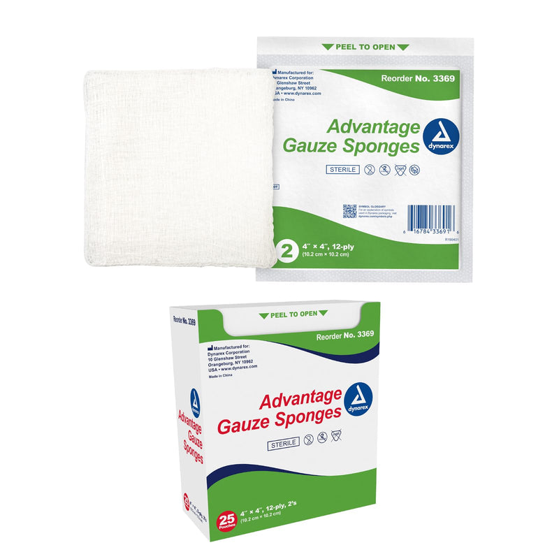 [Australia - AusPower] - Dynarex Advantage Woven Gauze Sponges 4" x 4" - Sterile 12-Ply Absorbent Cotton Gauze Pads for Wound Dressing - 25-Count Box 
