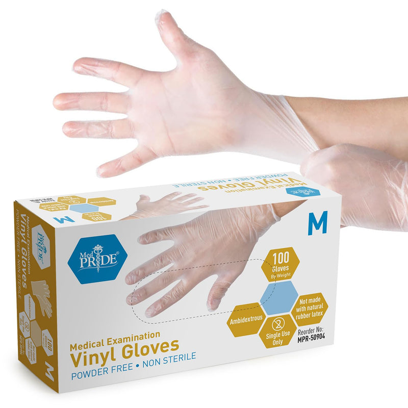 [Australia - AusPower] - MED PRIDE Medical Vinyl Examination Gloves (Medium, 100-Count) Latex & Rubber Free, Ultra-Strong, Clear Disposable Powder-Free Gloves for Healthcare & Food Handling Use Medium 