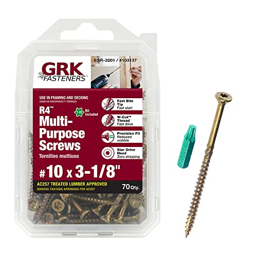 GRK R4 #10 x 3-1/8-inch wood screws, 70-count box labeled 103137